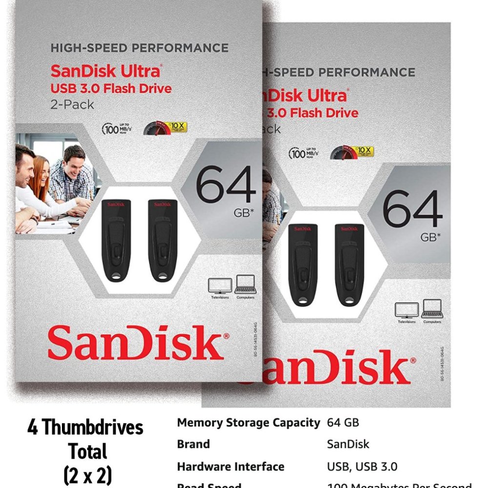 Sandisk Ultra 64GB USB 3.0 Flash Drives 100MB/S 2 Pack x 2 SDCZ48-064G-A16S2